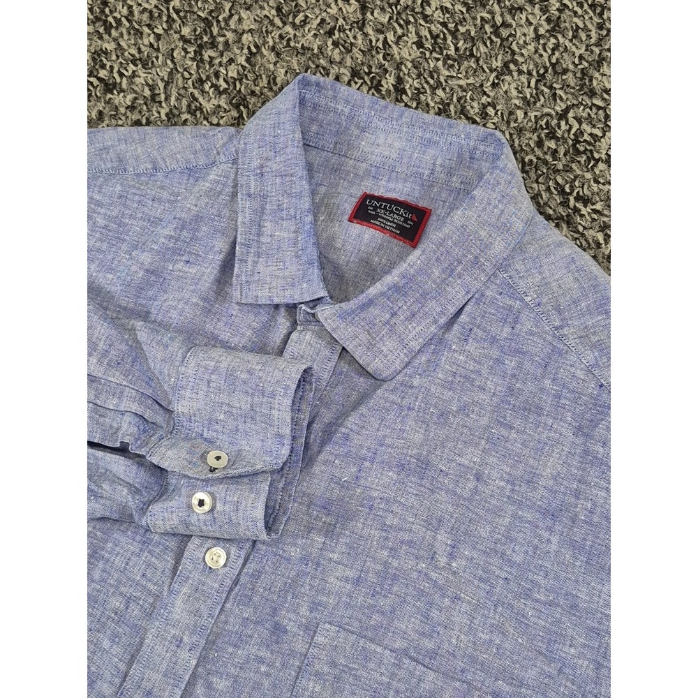 Untuckit Mens Vin Santo Linen Button Down Shirt XXL 2XL Tall Blue Wrinkle Resist